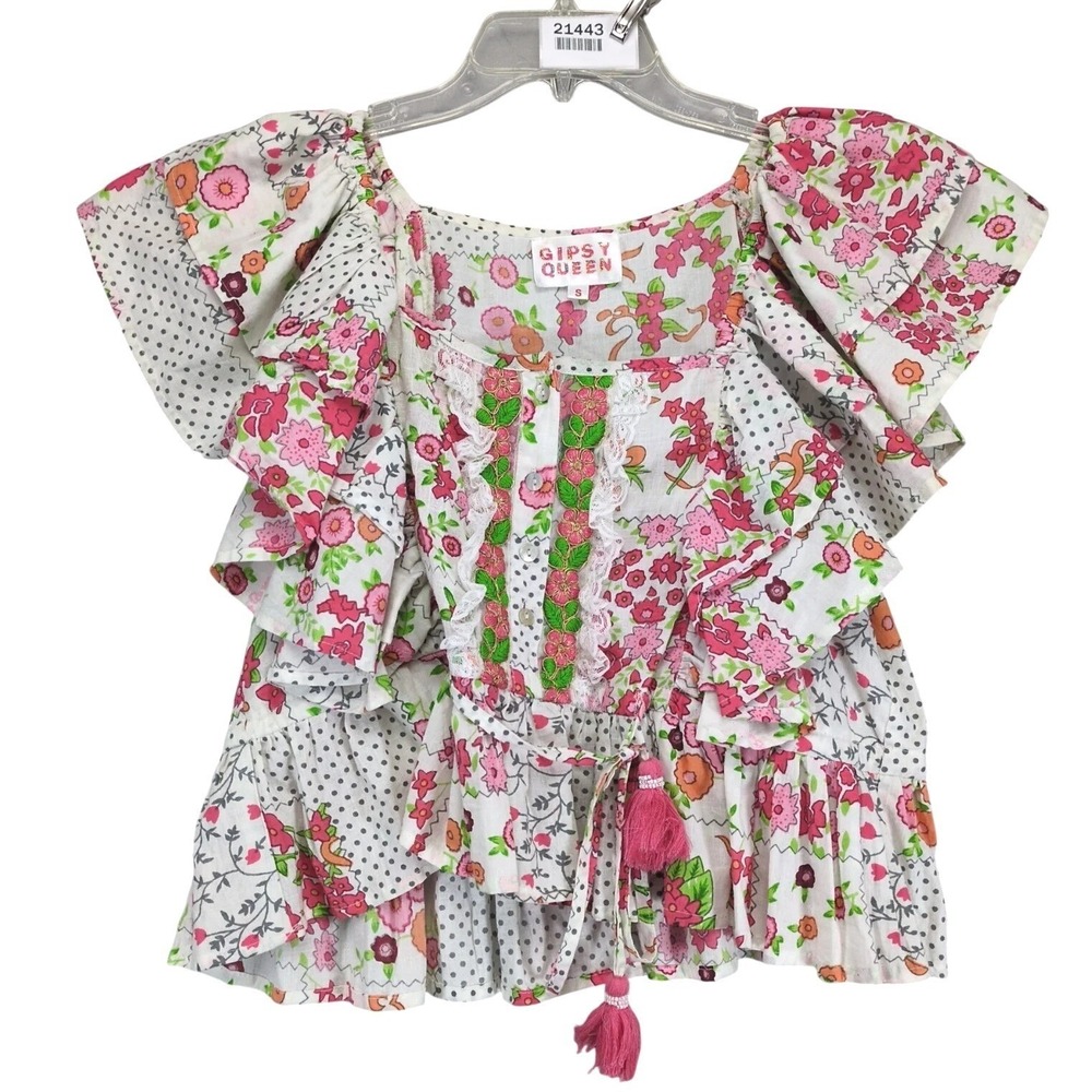 Gipsy Queen Floral Peasant Blouse Womens S Ruffle Tassel Embroidered Top Cottage